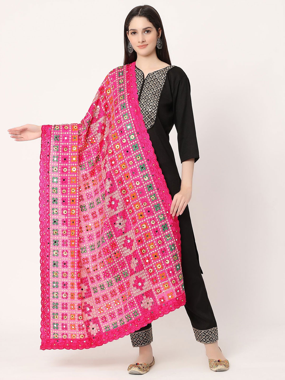 

Moda Chales Ethnic Motifs Embroidered Phulkari Chiffon Dupatta, Pink