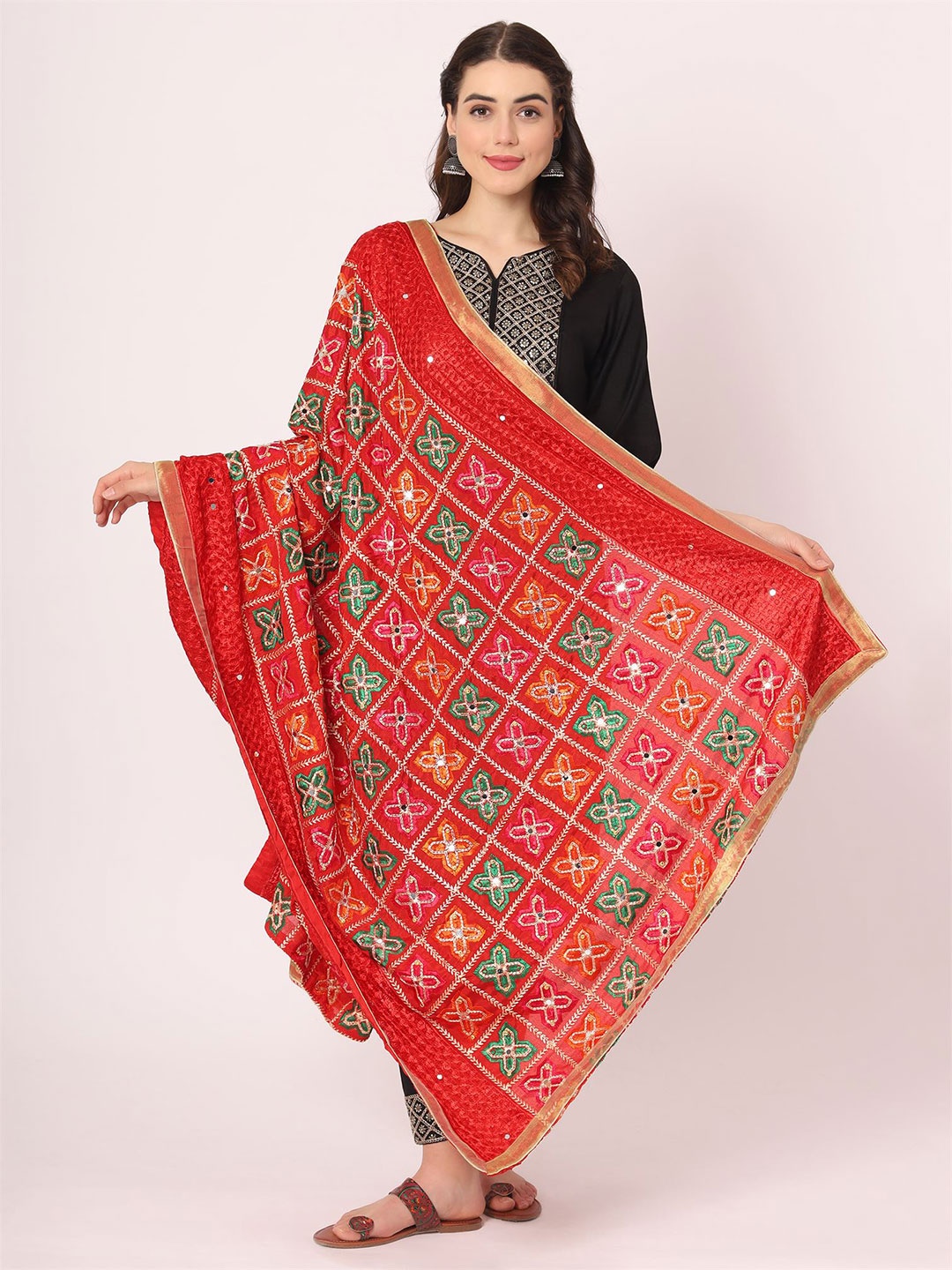 

Moda Chales Ethnic Motif Embroidered Dupatta With Phulkari, Red