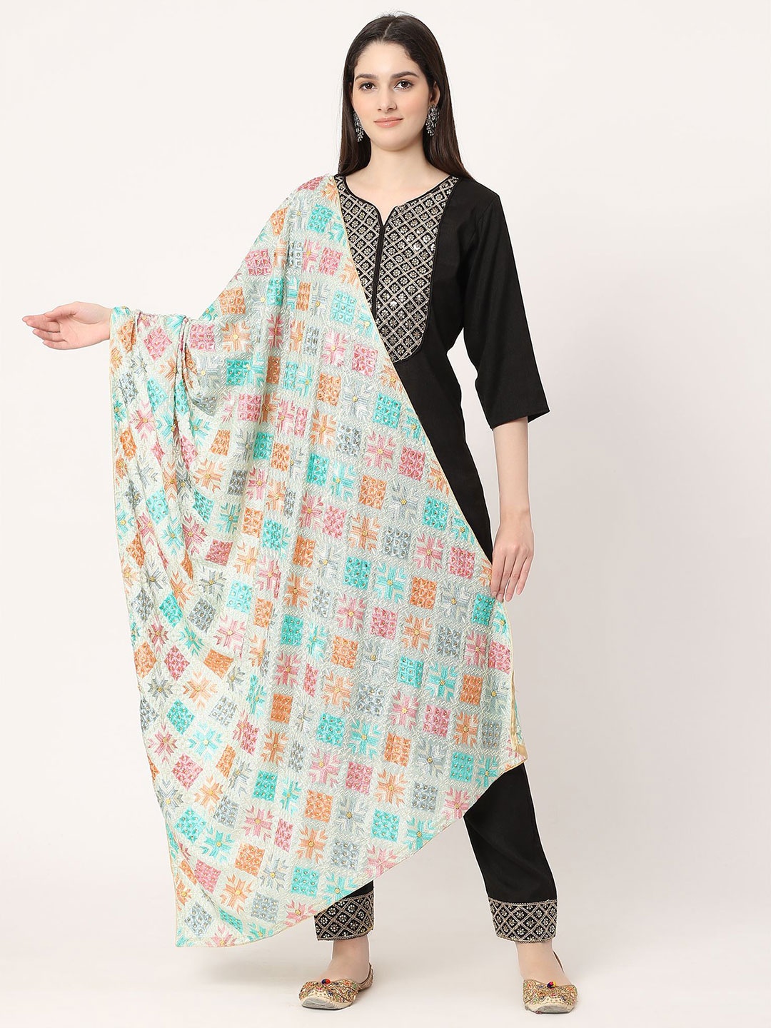 

Moda Chales Ethnic Motifs Embroidered Chiffon Dupatta With Phulkari, Sea green