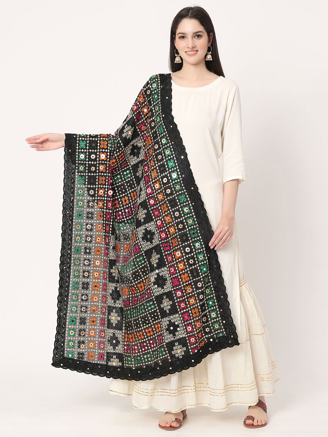 

Moda Chales Ethnic Motif Embroidered Dupatta With Phulkari, Black