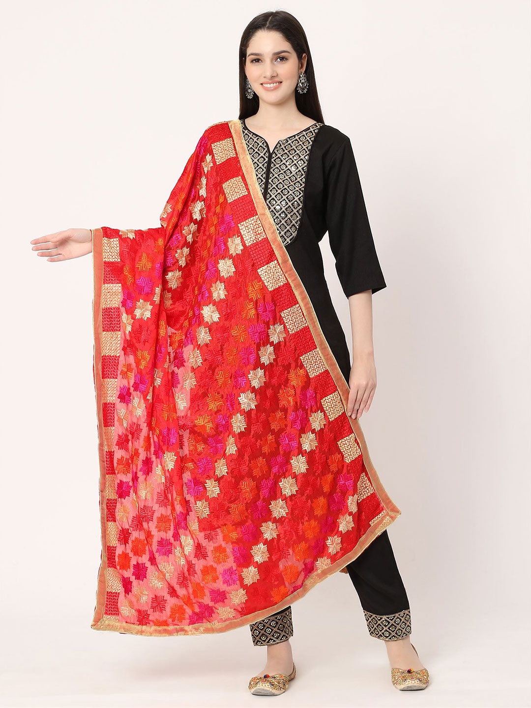 

Moda Chales Ethnic Motifs Embroidered Phulkari Chiffon Dupatta, Red