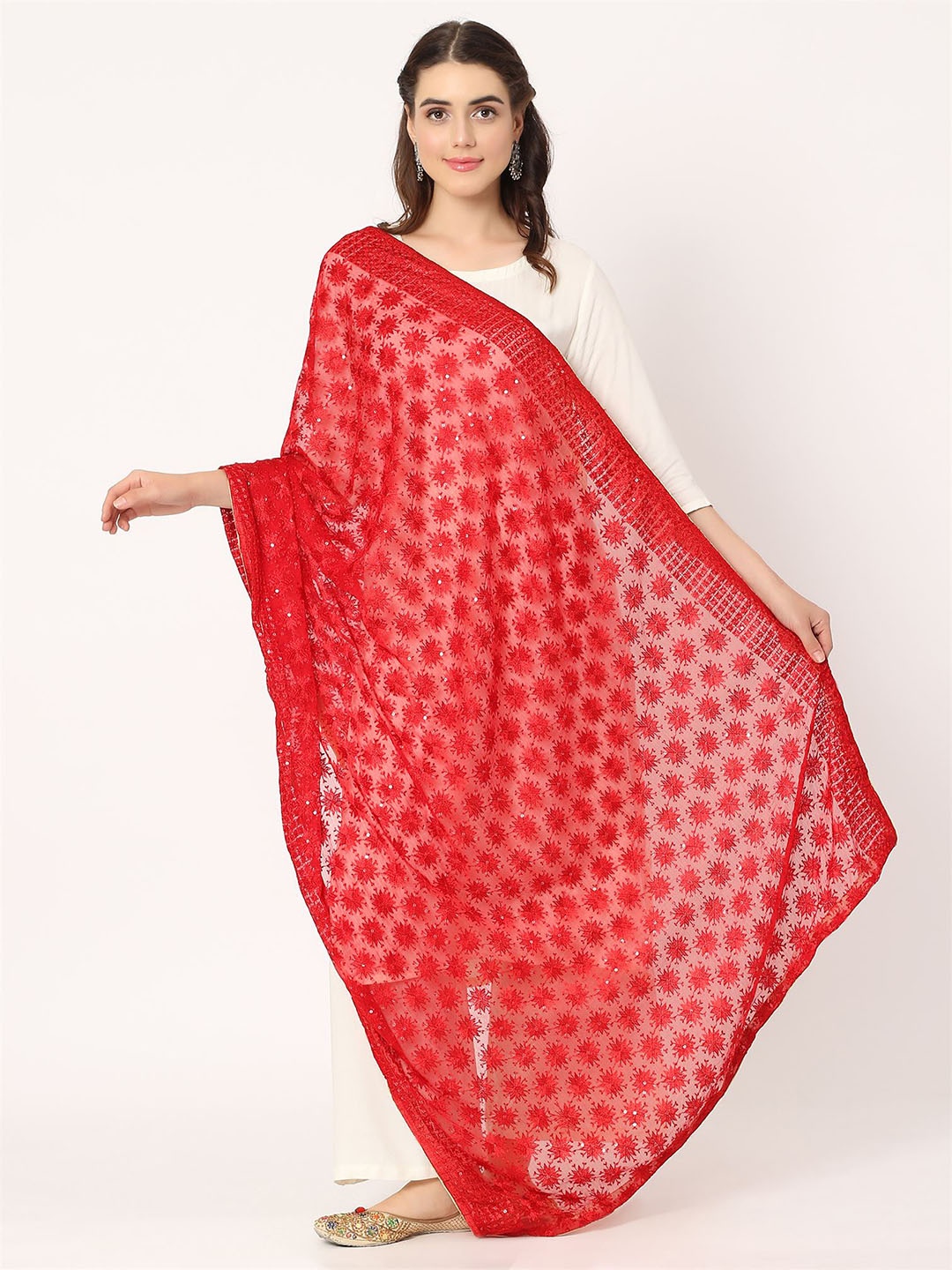 

Moda Chales Phulkari Embroidered Dupatta, Red