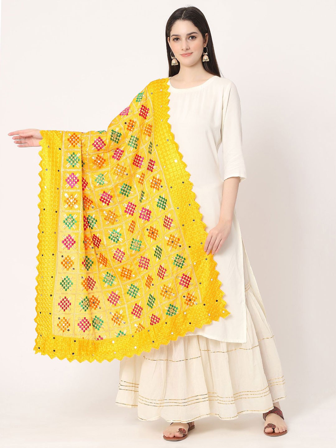 

Moda Chales Floral Embroidered Dupatta with Phulkari, Yellow
