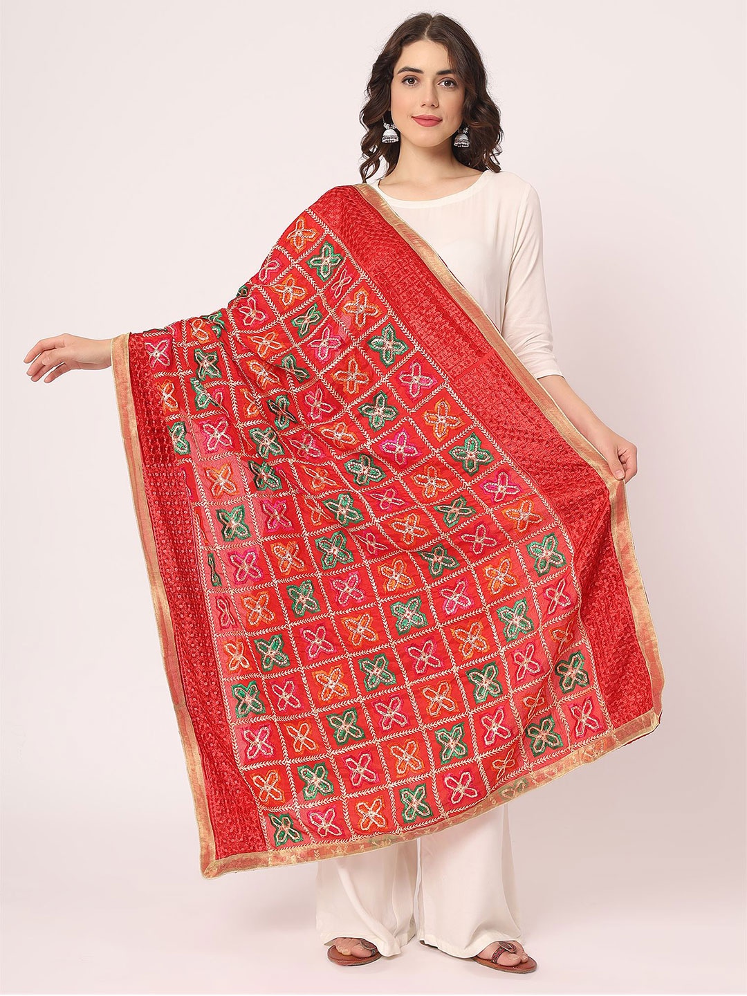 

Moda Chales Floral Embroidered Phulkari Chiffon Dupatta, Red