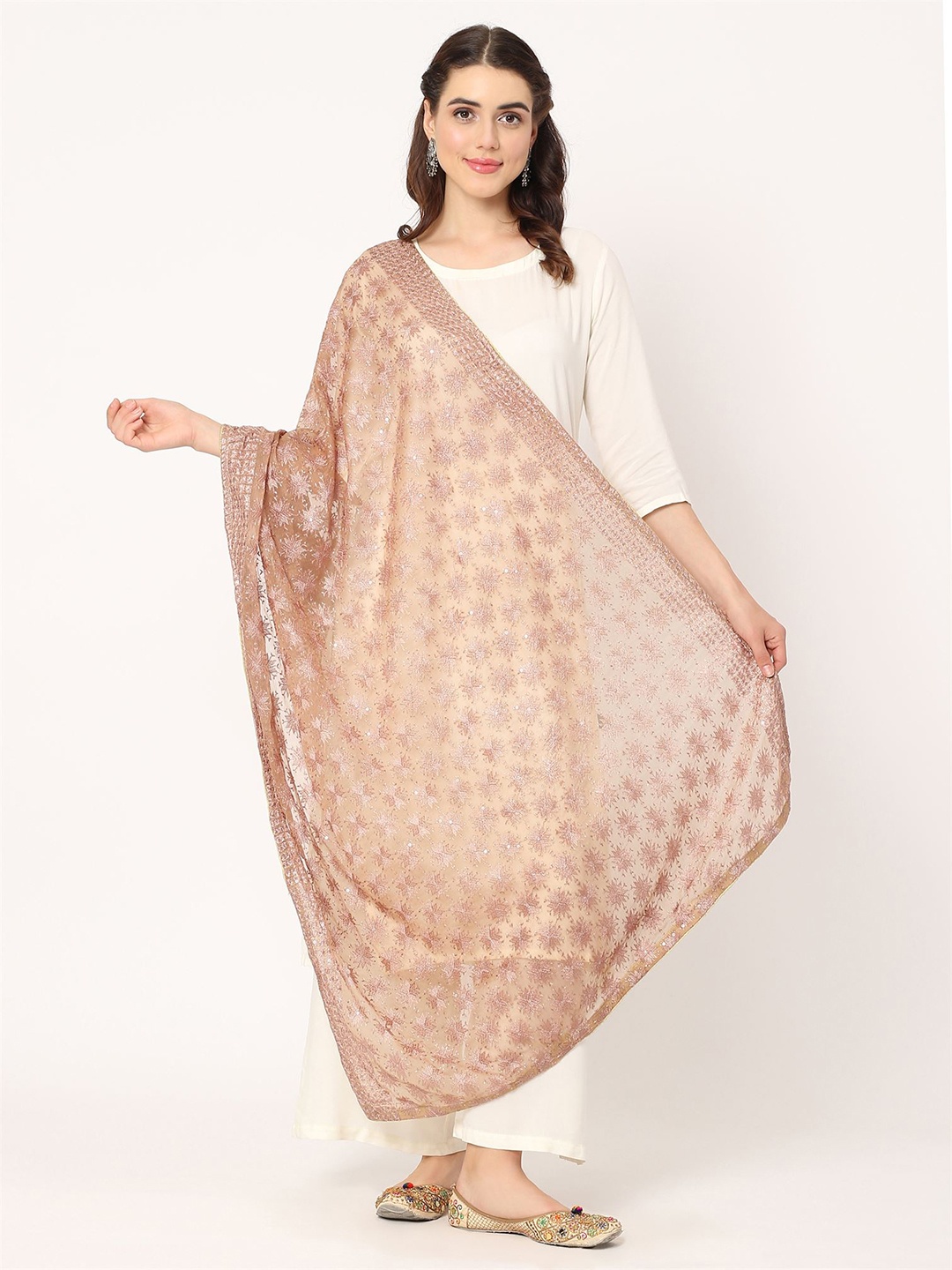 

Moda Chales Embroidered Dupatta with Phulkari, Camel brown