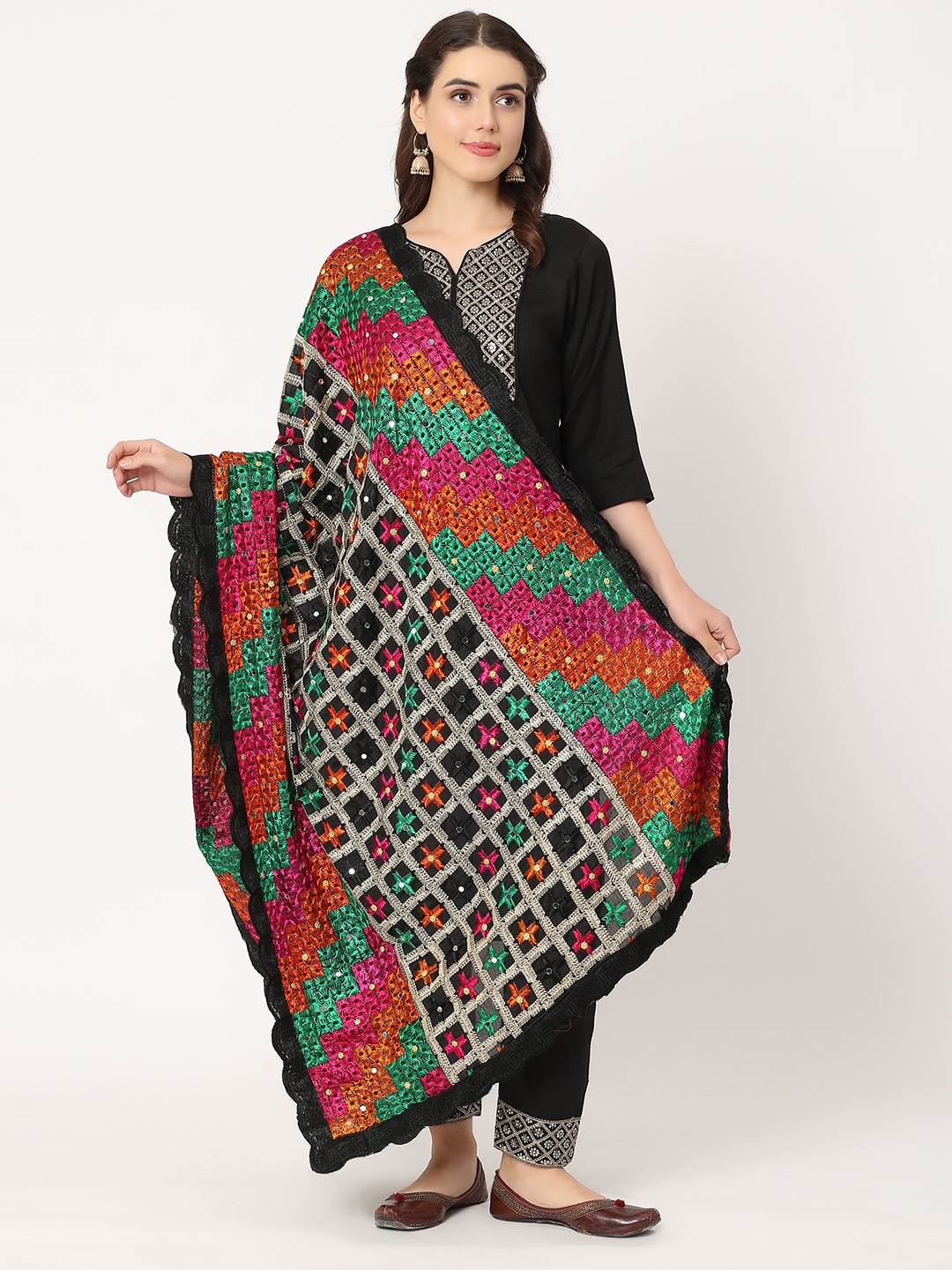 

Moda Chales Floral Embroidered Mirror Work Chiffon Dupatta With Phulkari, Black