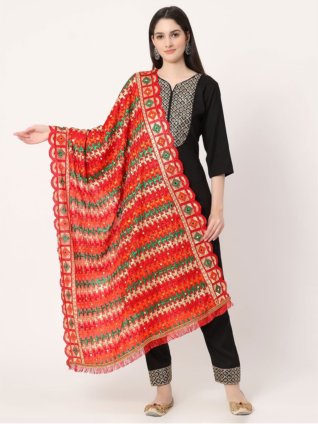 

Moda Chales Geometric Embroidered Phulkari Dupatta, Red