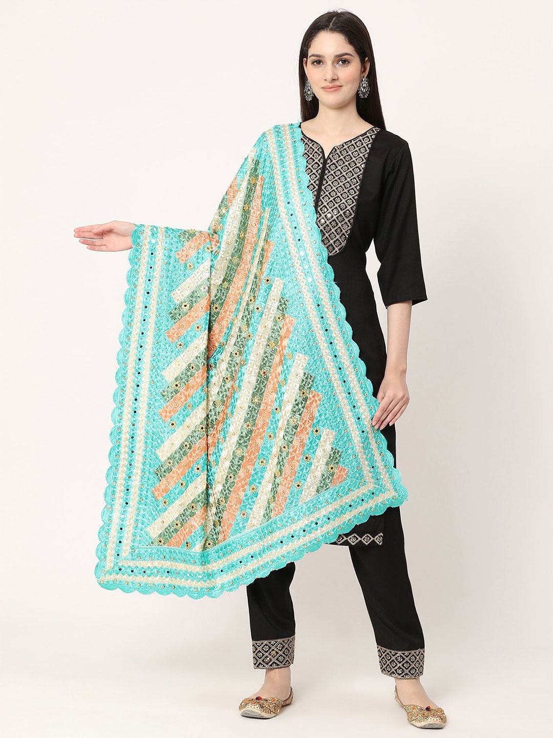 

Moda Chales Geometric Embroidered Phulkari Dupatta, Sea green