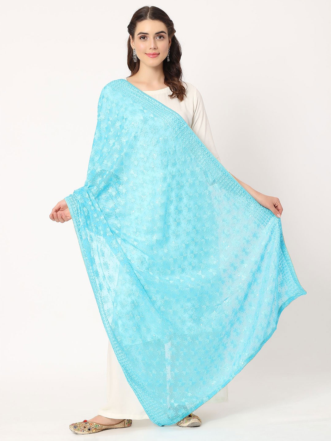 

Moda Chales Floral Embroidered Dupatta with Phulkari, Blue