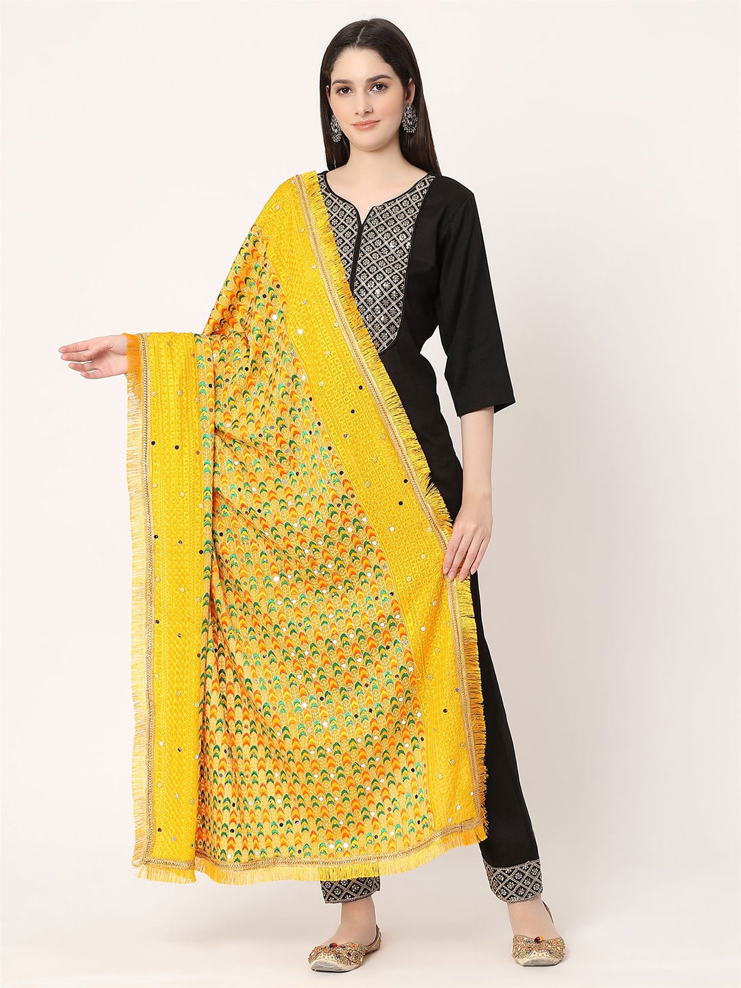 

Moda Chales Ethnic Motifs Embroidered Mirror Work Chiffon Dupatta, Yellow