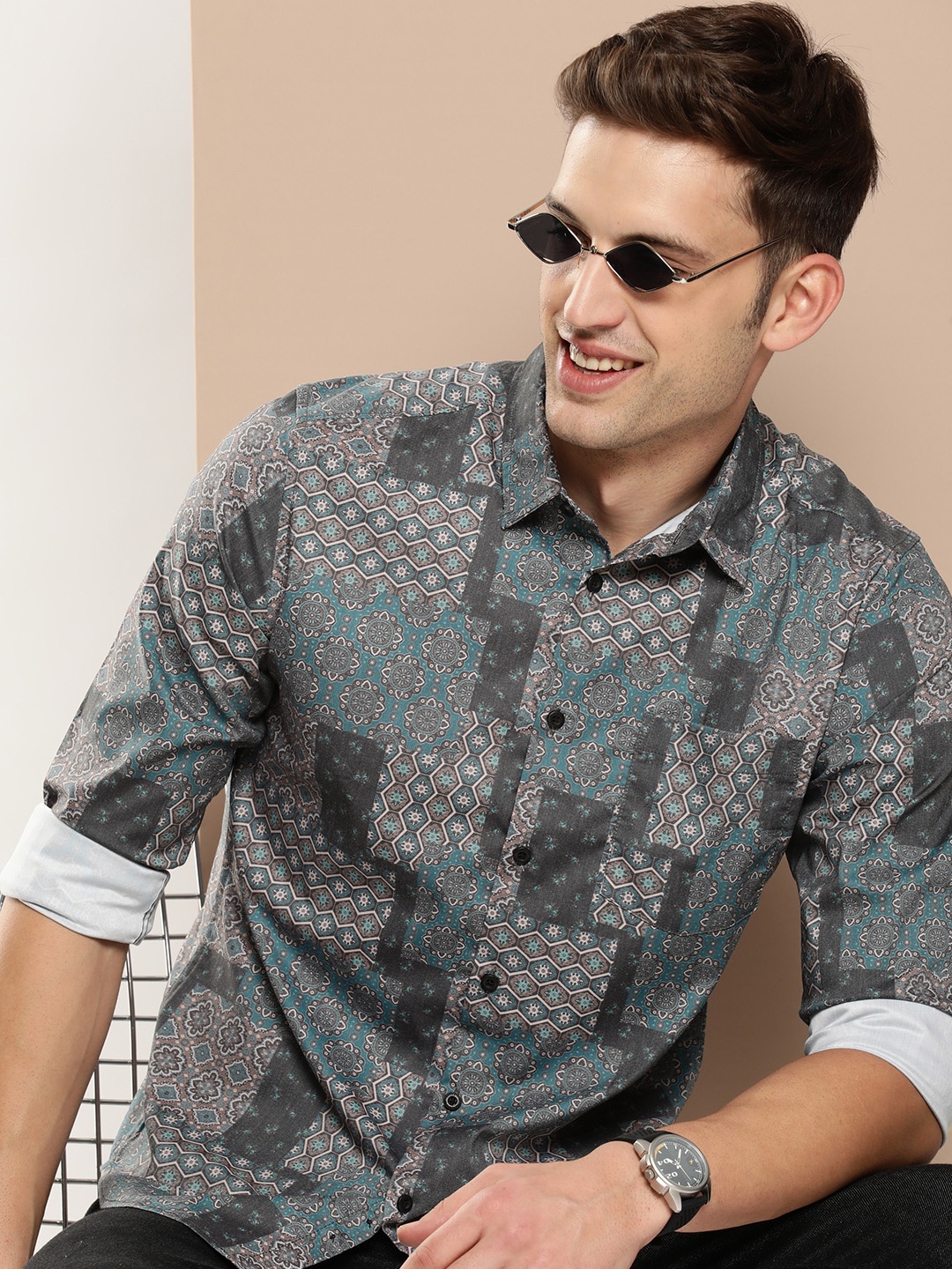 

HERE&NOW Men Slim Fit Opaque Printed Casual Shirt, Teal