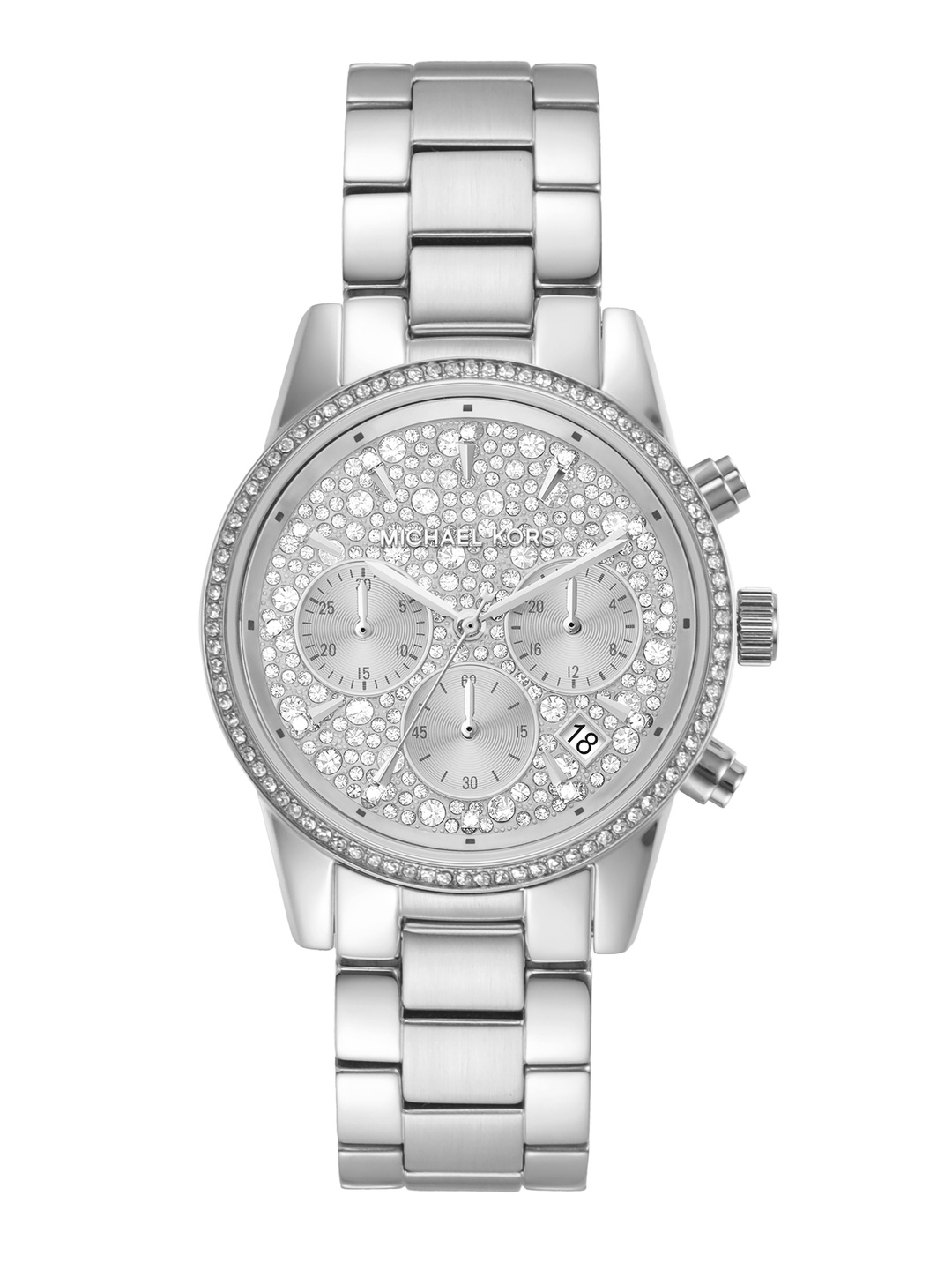 

Michael Kors Women Embellished Ritz Bracelet Style Chronograph Watch, Silver