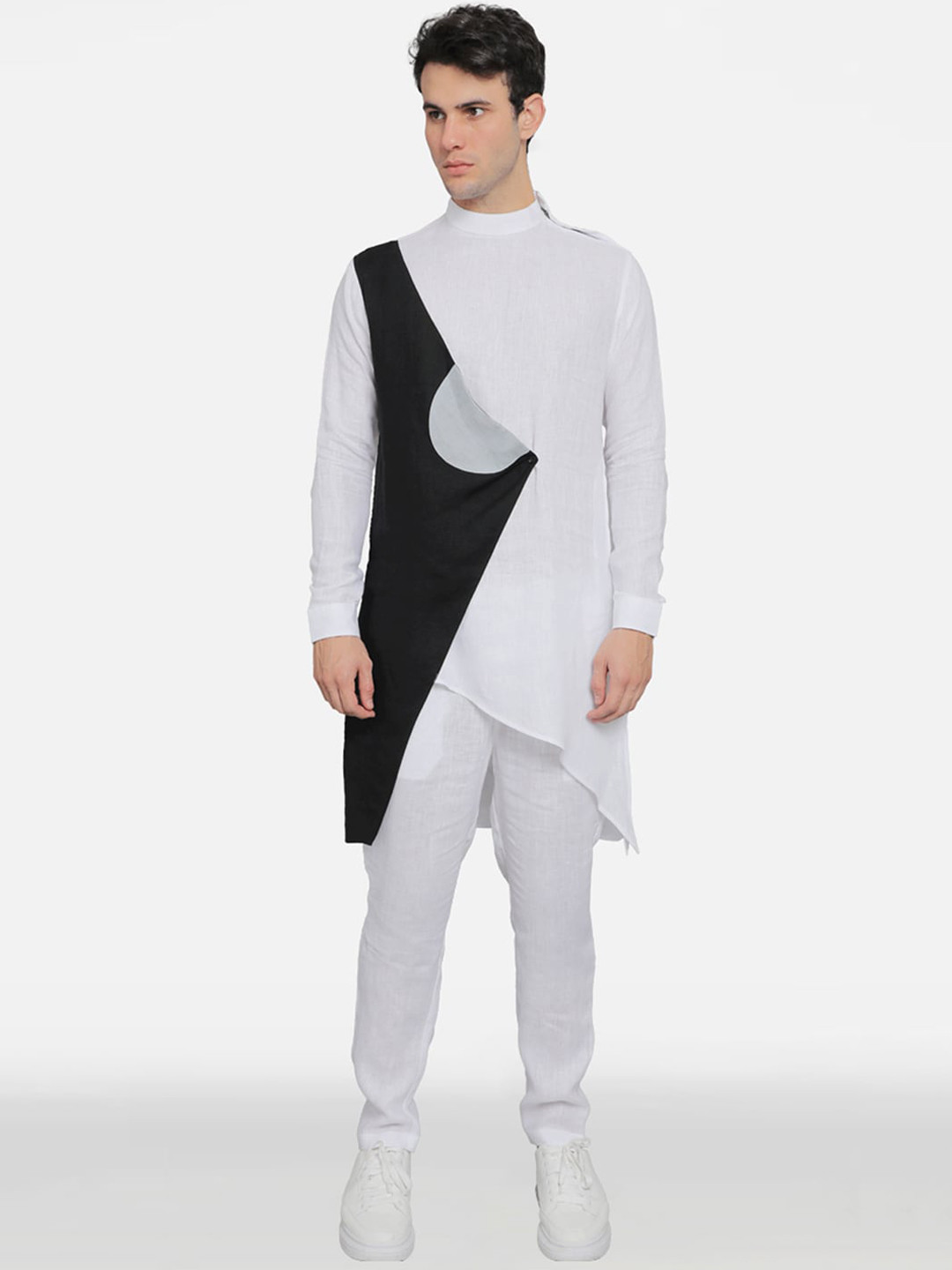 

Komal Kothari Colourblocked Band Collar Linen A-Line Kurta & Trousers, White