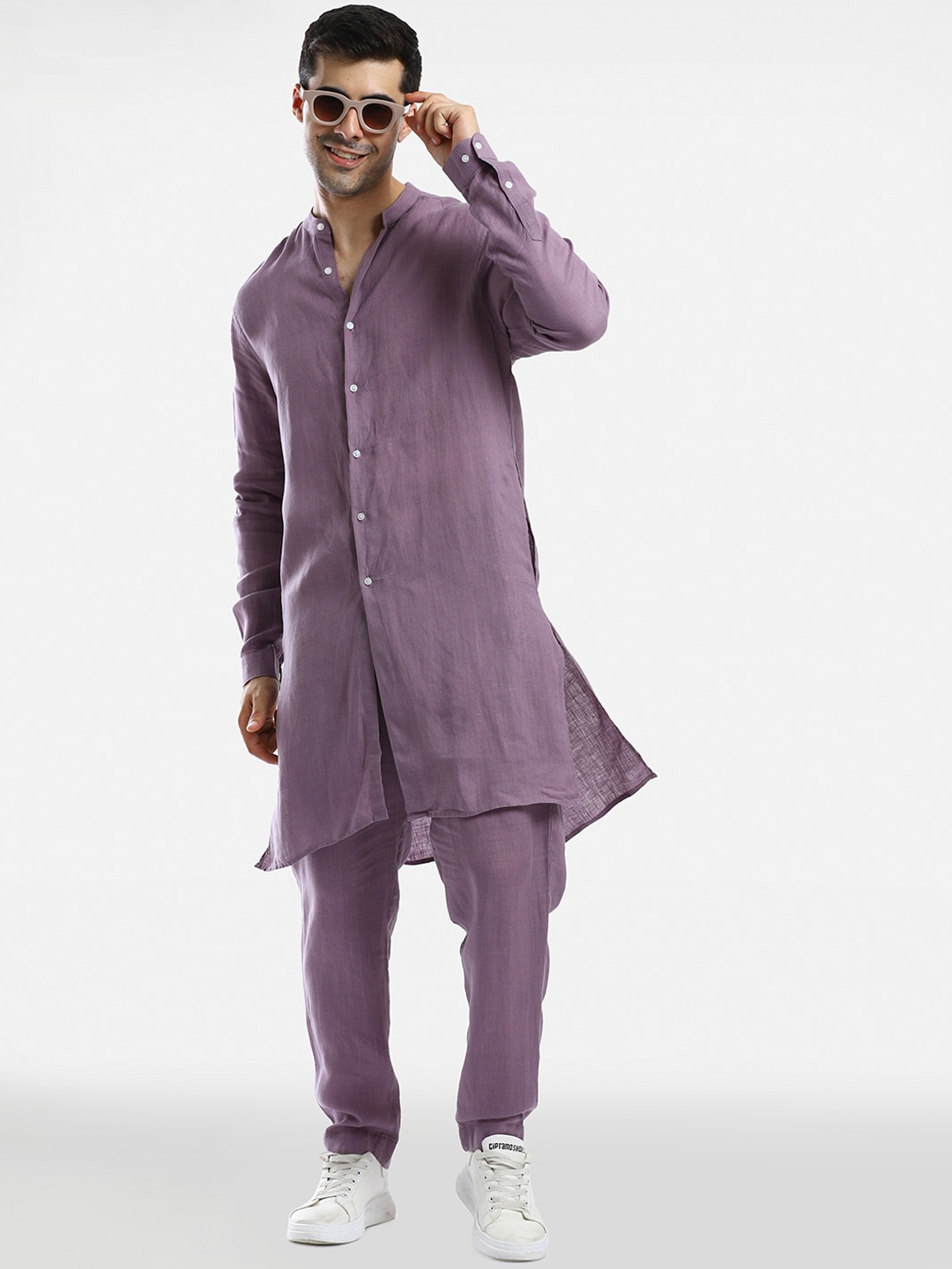 

Komal Kothari Band Collar Linen Straight Kurta with Trousers, Purple