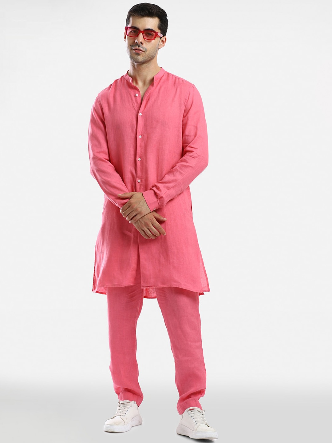 

Komal Kothari Mandarin Collar Linen Kurta with Trousers, Pink