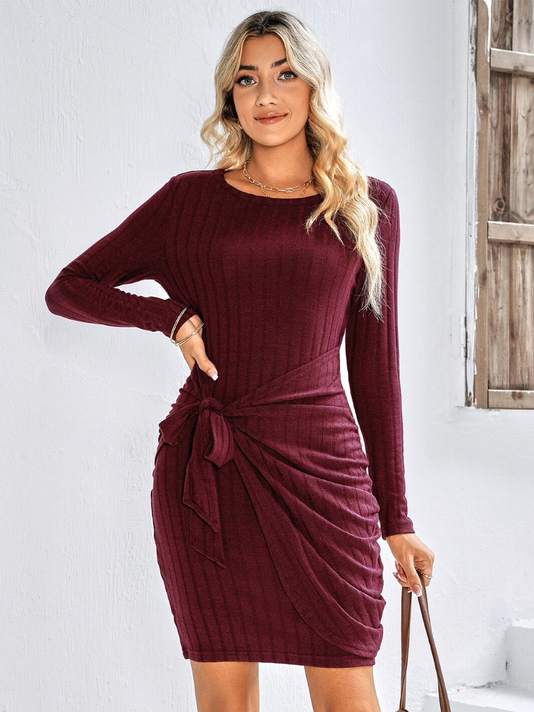 

StyleCast Maroon Ribbed Tie-Up Detail Bodycon Dress