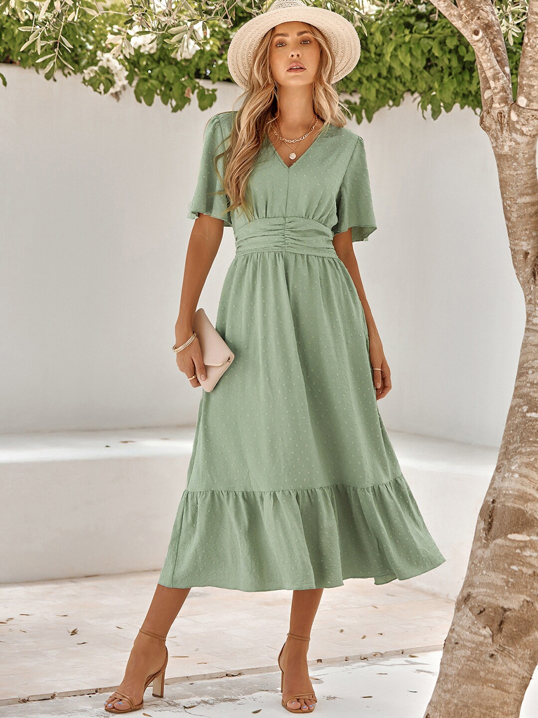 

StyleCast Green Self Design V-Neck Ruched A-Line Midi Dress