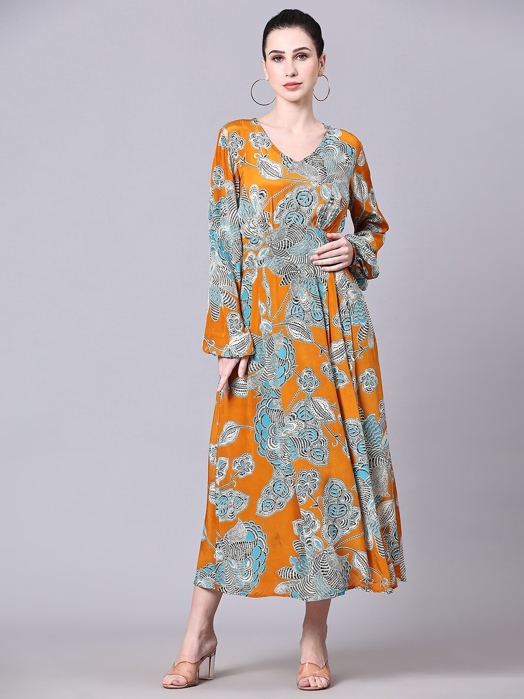 

Pomegal Floral Printed Puffed Sleeves Cotton Fit & Flare Midi Dress, Mustard