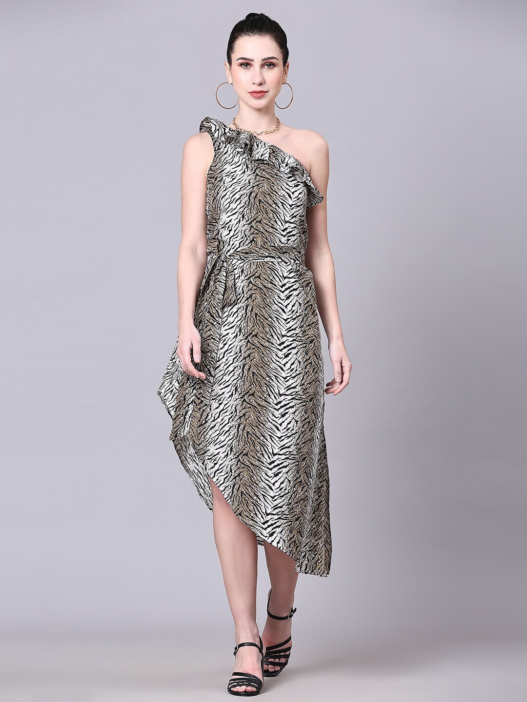 

Pomegal Animal Printed One Shoulder Belted A-Line Midi Dress, Green