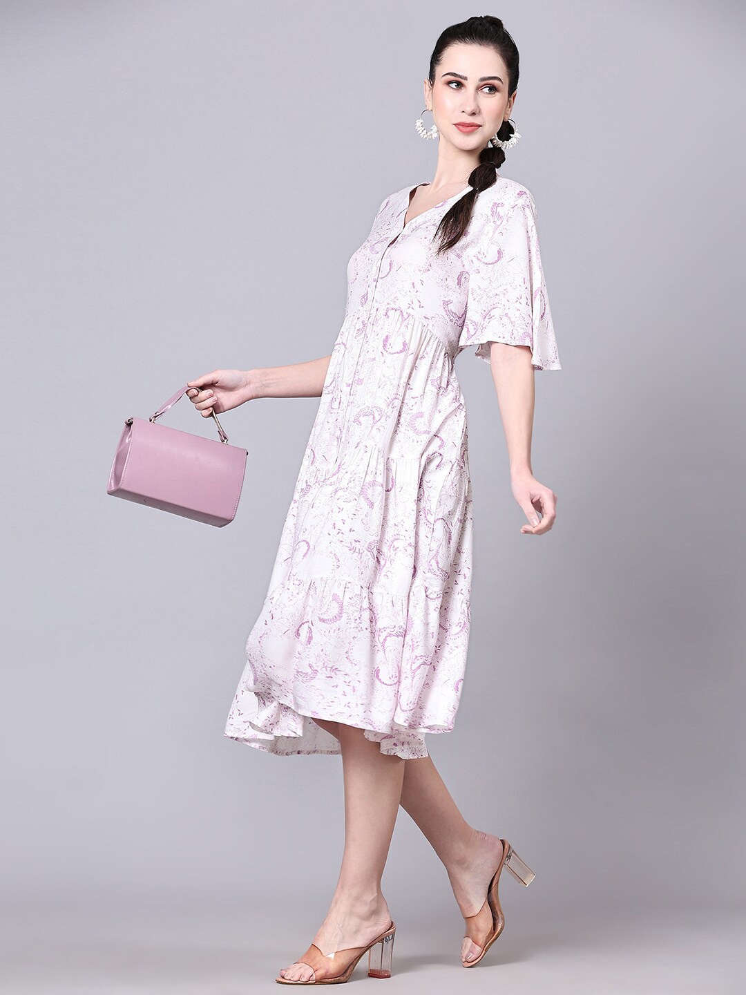 

Pomegal Floral Printed V-Neck Flared Sleeves Empire Midi Dress, White