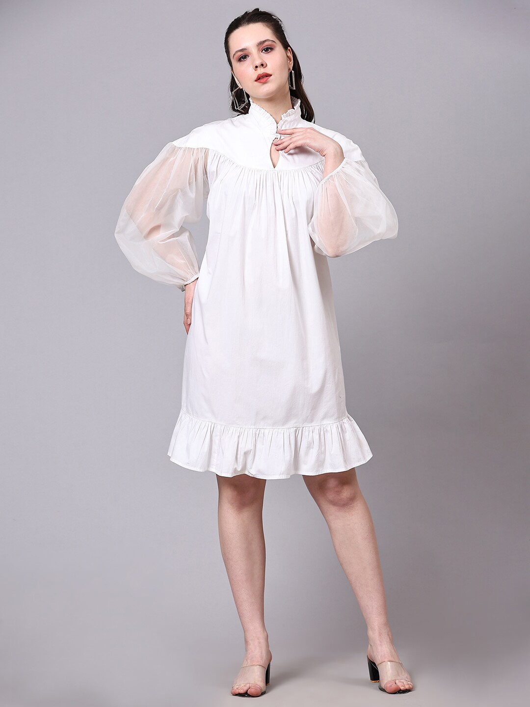 

Pomegal Keyhole Neck Puffed Sleeves Empire Cotton Dress, White