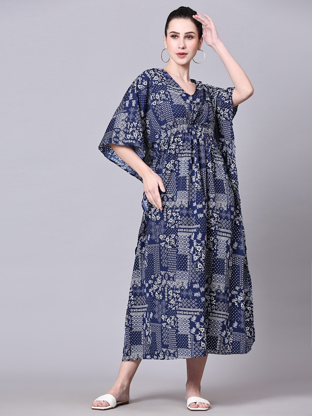

Pomegal Ethnic Motifs Printed Extended Sleeves Kaftan Midi Dress, Blue