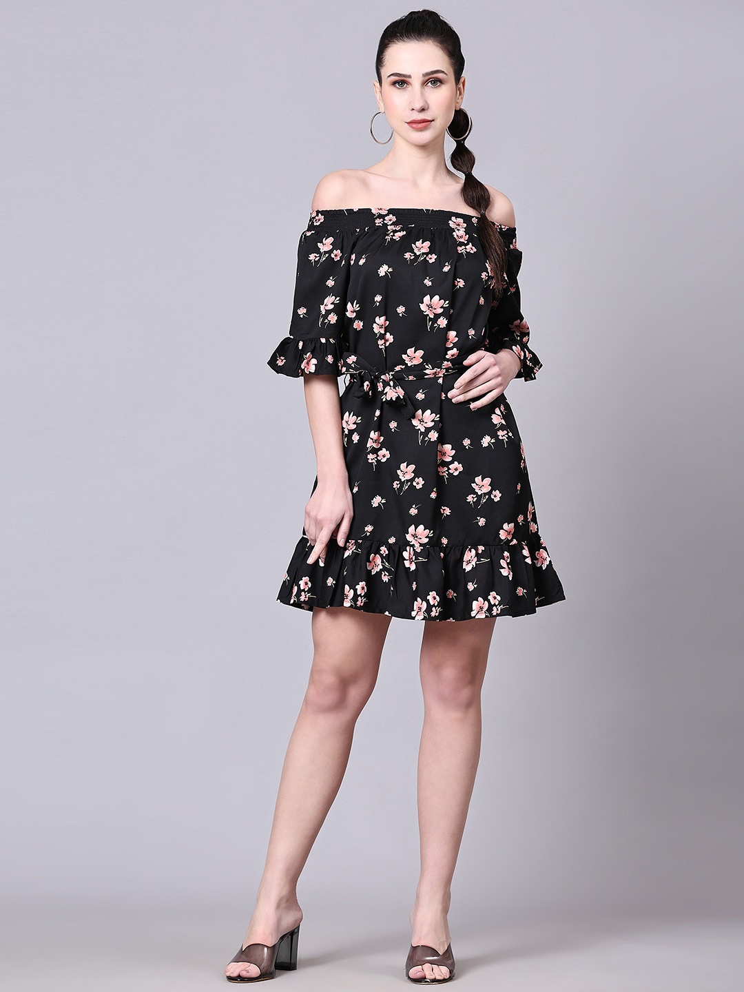 

Pomegal Floral Printed Off-Shoulder A-Line Dress, Black