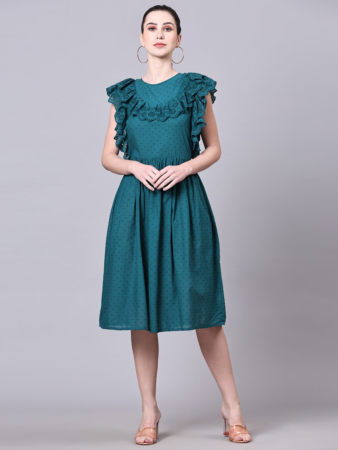 

Pomegal Cotton Flutter Sleeves Ruffled Fit & Flare Dress, Green