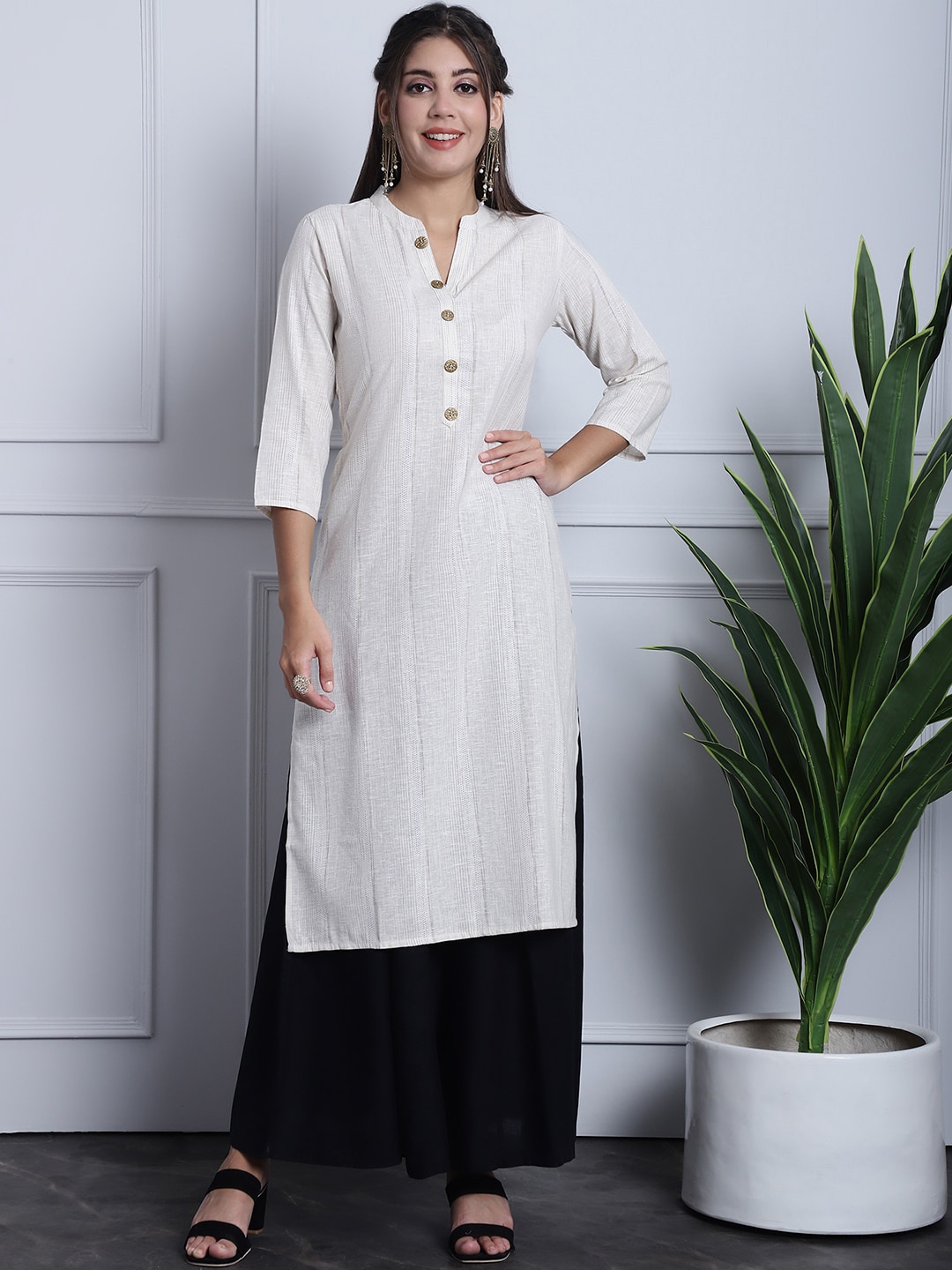 

Grancy Striped Mandarin Collar Cotton Kurta, Off white