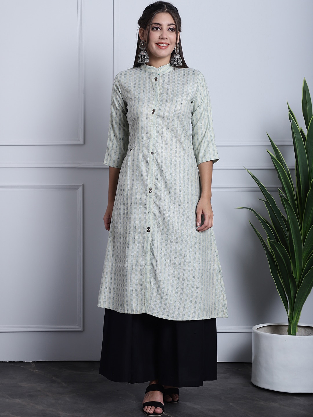 

Grancy Checked Cotton A-line Kurta, Green