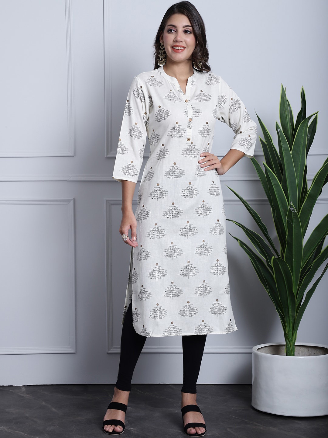 

Grancy Printed Mandarin Collar Cotton Straight Kurta, White