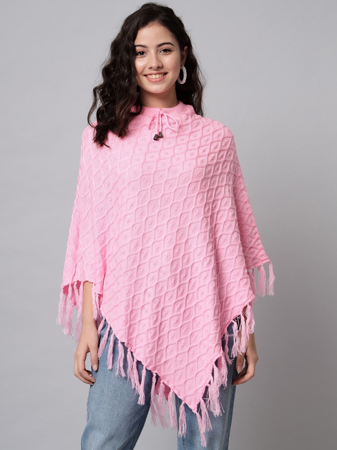 

eWools Self Design Asymmetric Hem Cable Knit Woollen Poncho, Pink