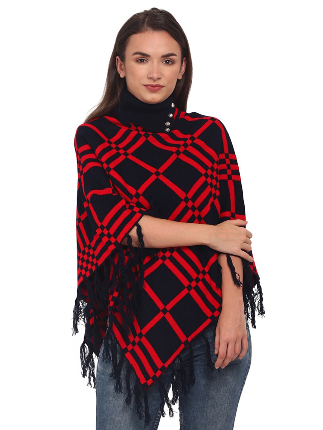 

eWools Geometric Printed Asymmetric Hem Cable Knit Woollen Poncho, Red