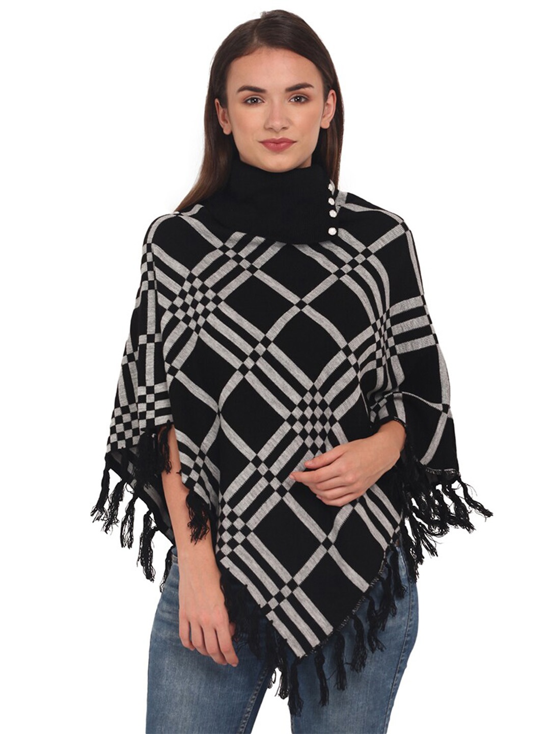 

eWools Geometric Printed Woollen Poncho, Black