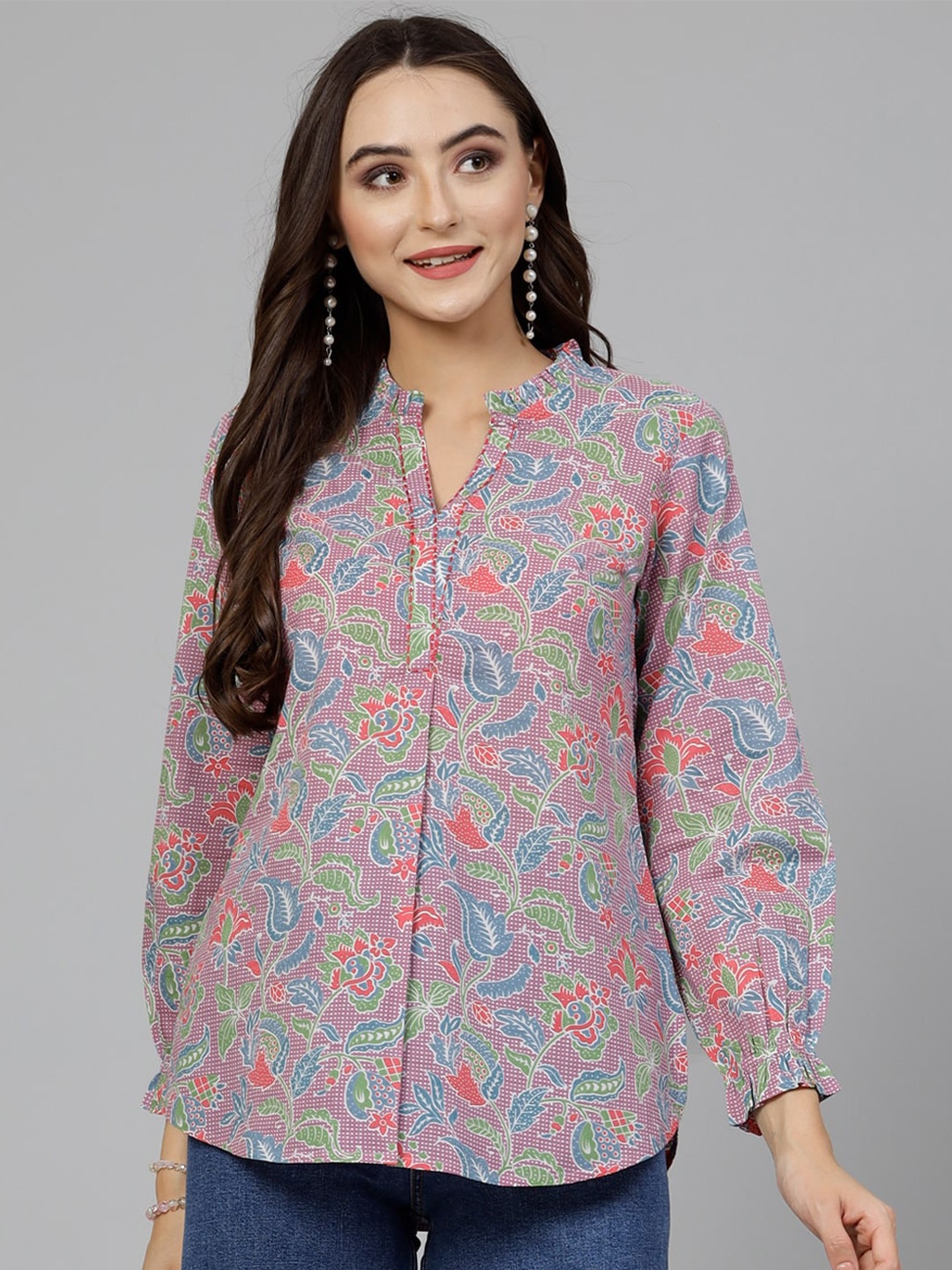 

QOMN Mauve Floral Printed Pure Cotton Shirt Style Top