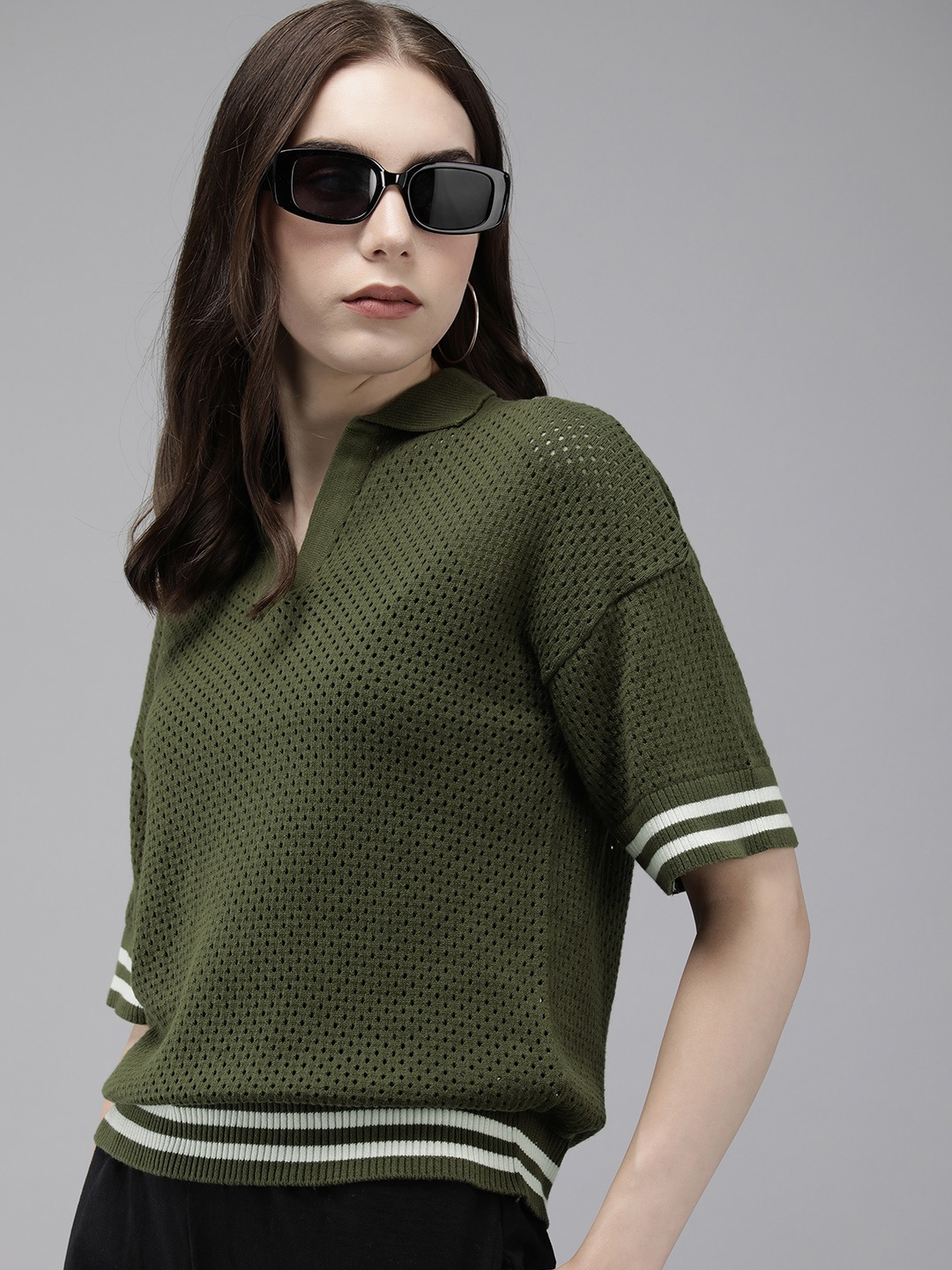 

Roadster Self Design Crochet Blouson Top, Olive