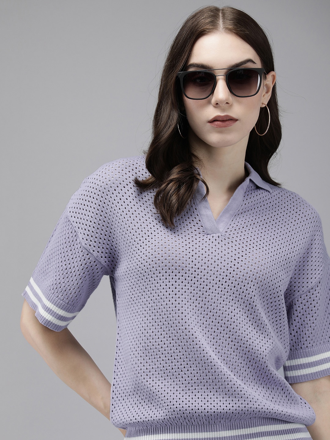 

Roadster Self Design Crochet Blouson Top, Lavender