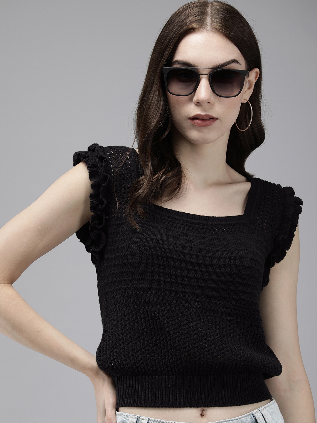 

Roadster Self Design Flutter Sleeve Crochet Blouson Top, Black