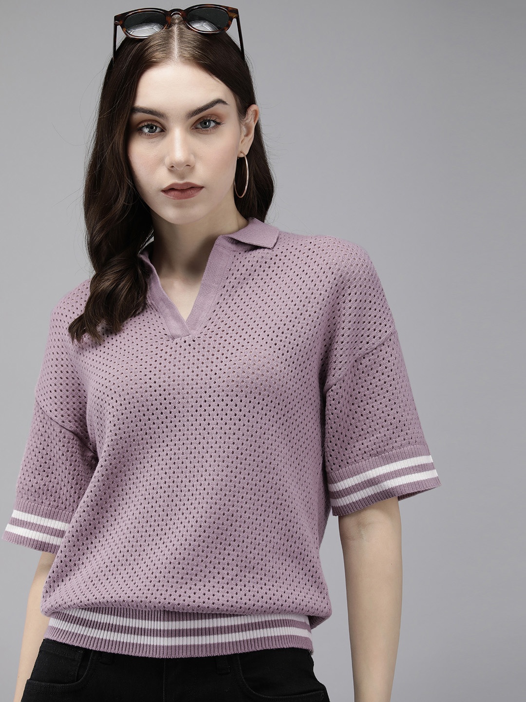 

Roadster Self Design Crochet Blouson Top, Mauve