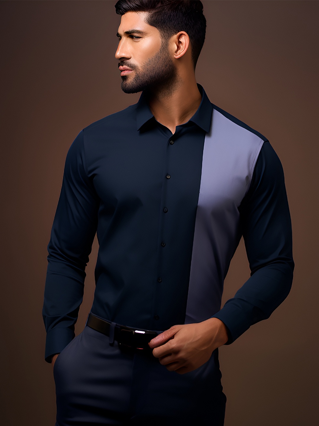 

HE SPOKE Colourblocked Modern Tailored Fit Cotton Formal Shirt, Navy blue