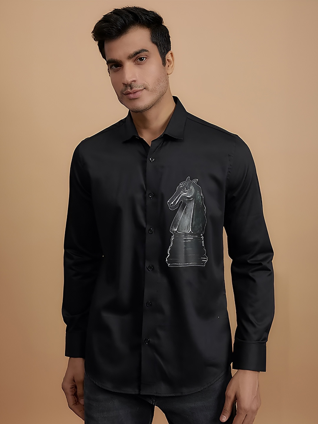 

HE SPOKE Modern Tailored Fit Graphic Printed Twill Weave Pure Cotton Casual Shirt, Black