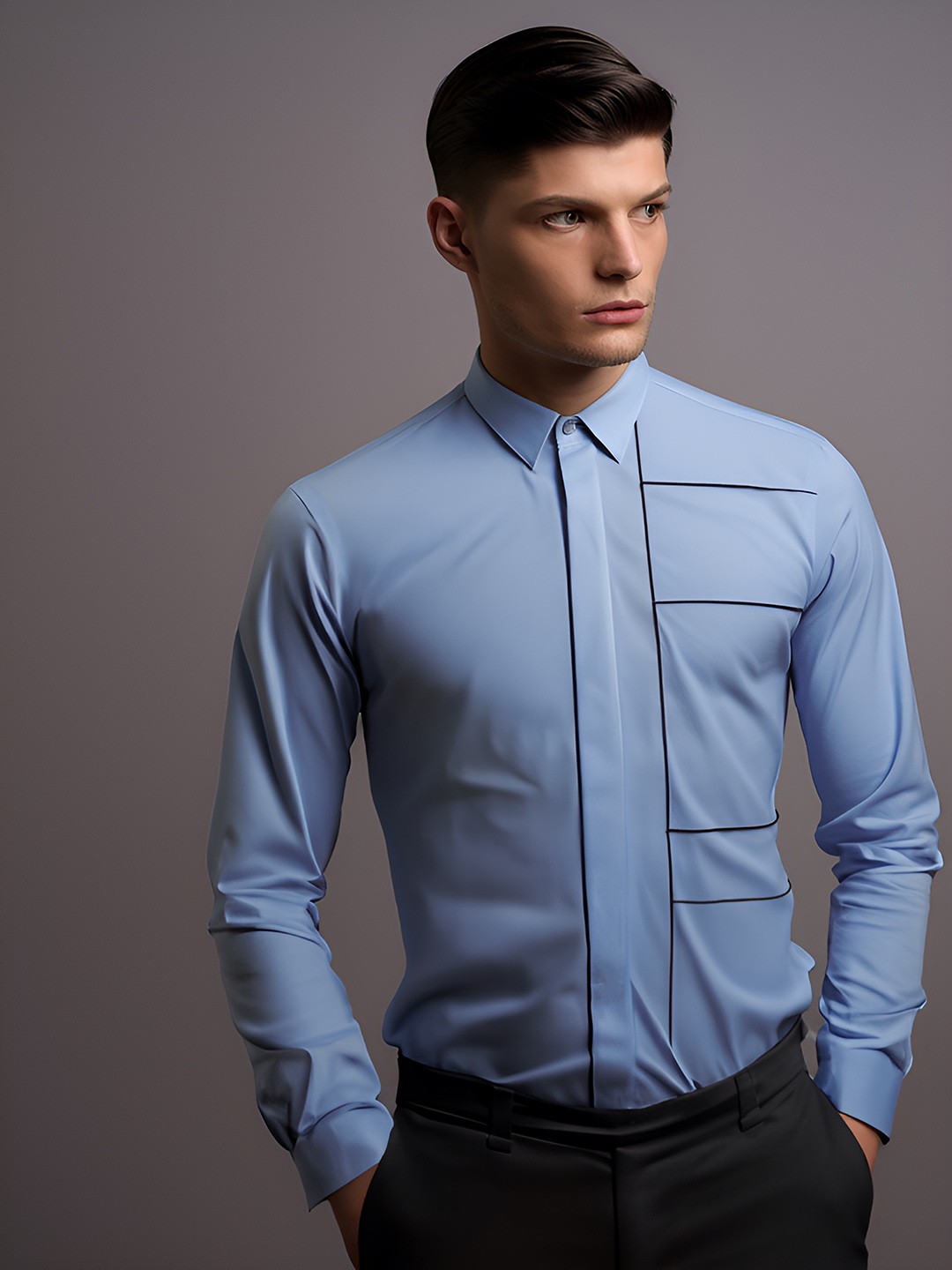 

HE SPOKE Geometric Printed Modern Tailored Fit Opaque Cotton Semiformal Shirt, Blue