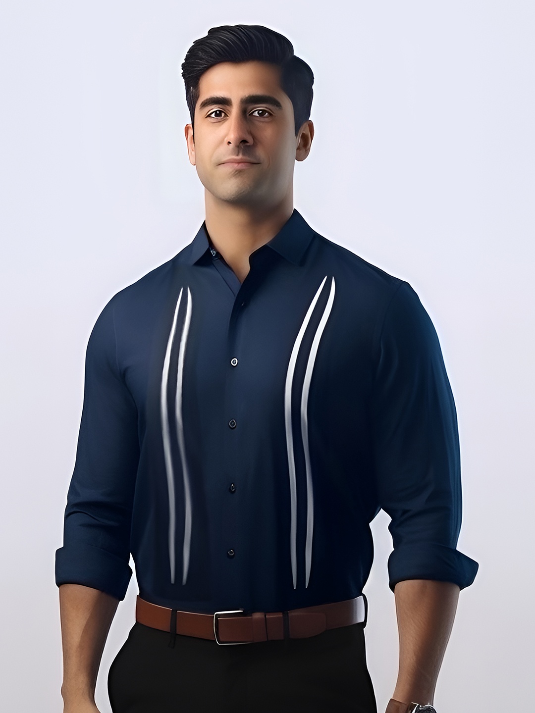 

HE SPOKE Vertical Striped Modern Tailored Fit Cotton Formal Shirt, Navy blue