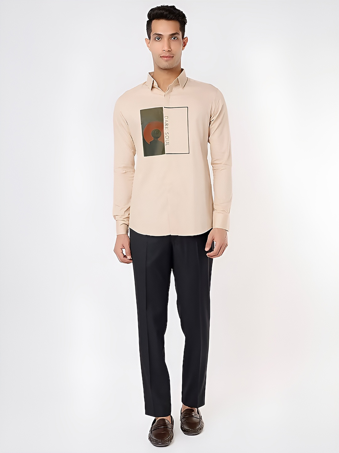 

HE SPOKE Graphic Printed Modern Tailored Fit Opaque Cotton Twill Casual Shirt, Cream
