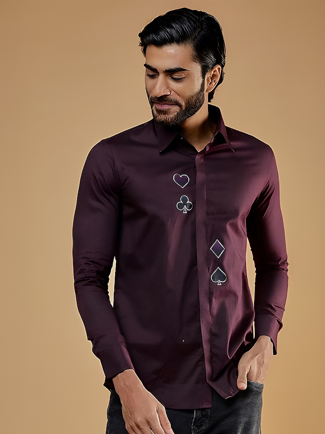 

HE SPOKE Geometric Printed Modern Tailored Fit Opaque Cotton Casual Shirt, Burgundy