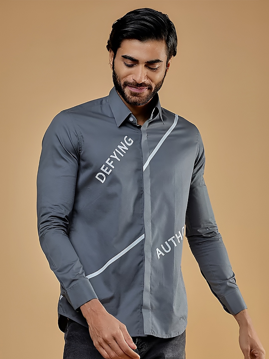 

HE SPOKE Modern Tailored Fit Typography Printed Cotton Casual Shirt, Grey