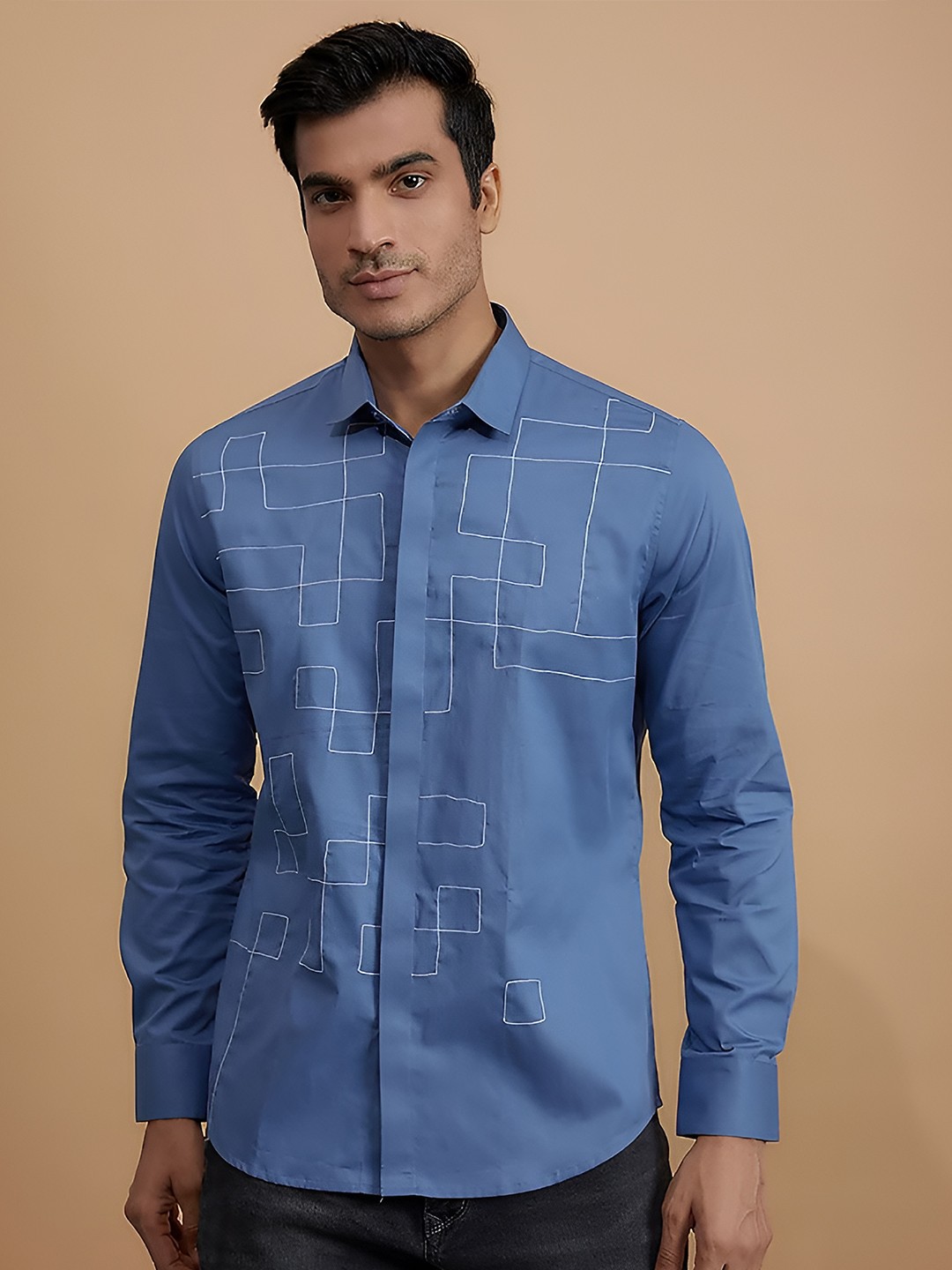 

HE SPOKE Modern Tailored Fit Embroidered Detail Cotton Casual Shirt, Blue