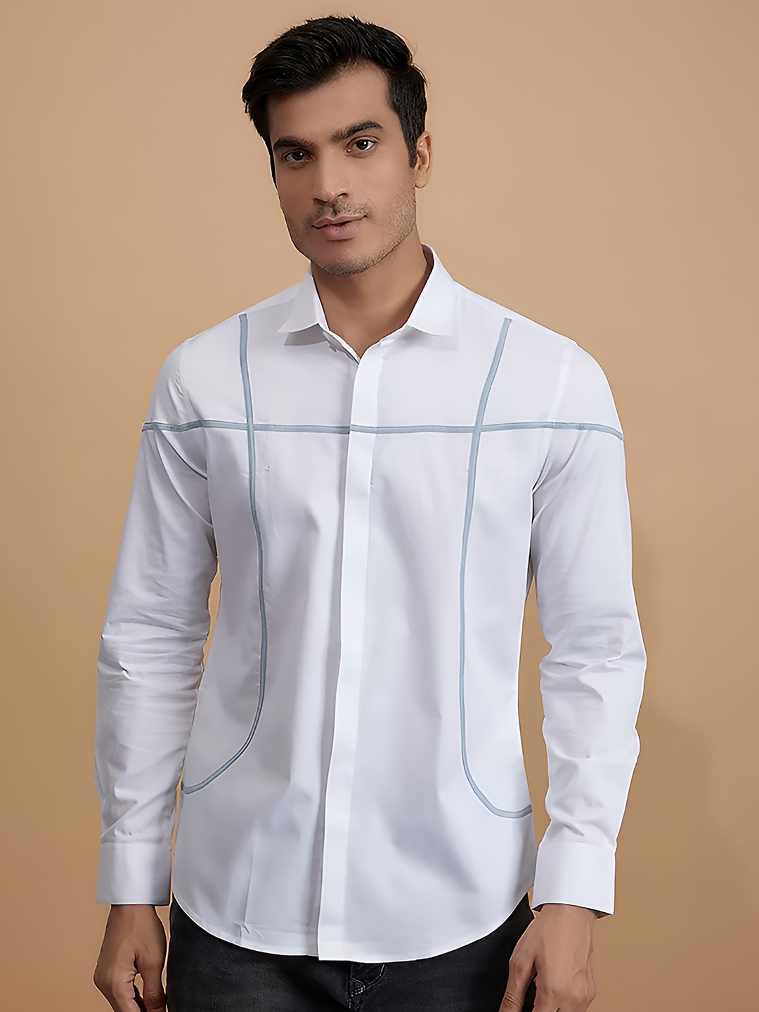

HE SPOKE Modern Tailored Fit Embroidered Detail Cotton Casual Shirt, White