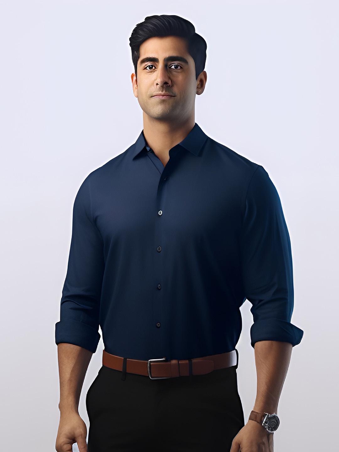 HE SPOKE Modern Tailored Fit Pure Cotton Formal Shirt, Navy blue