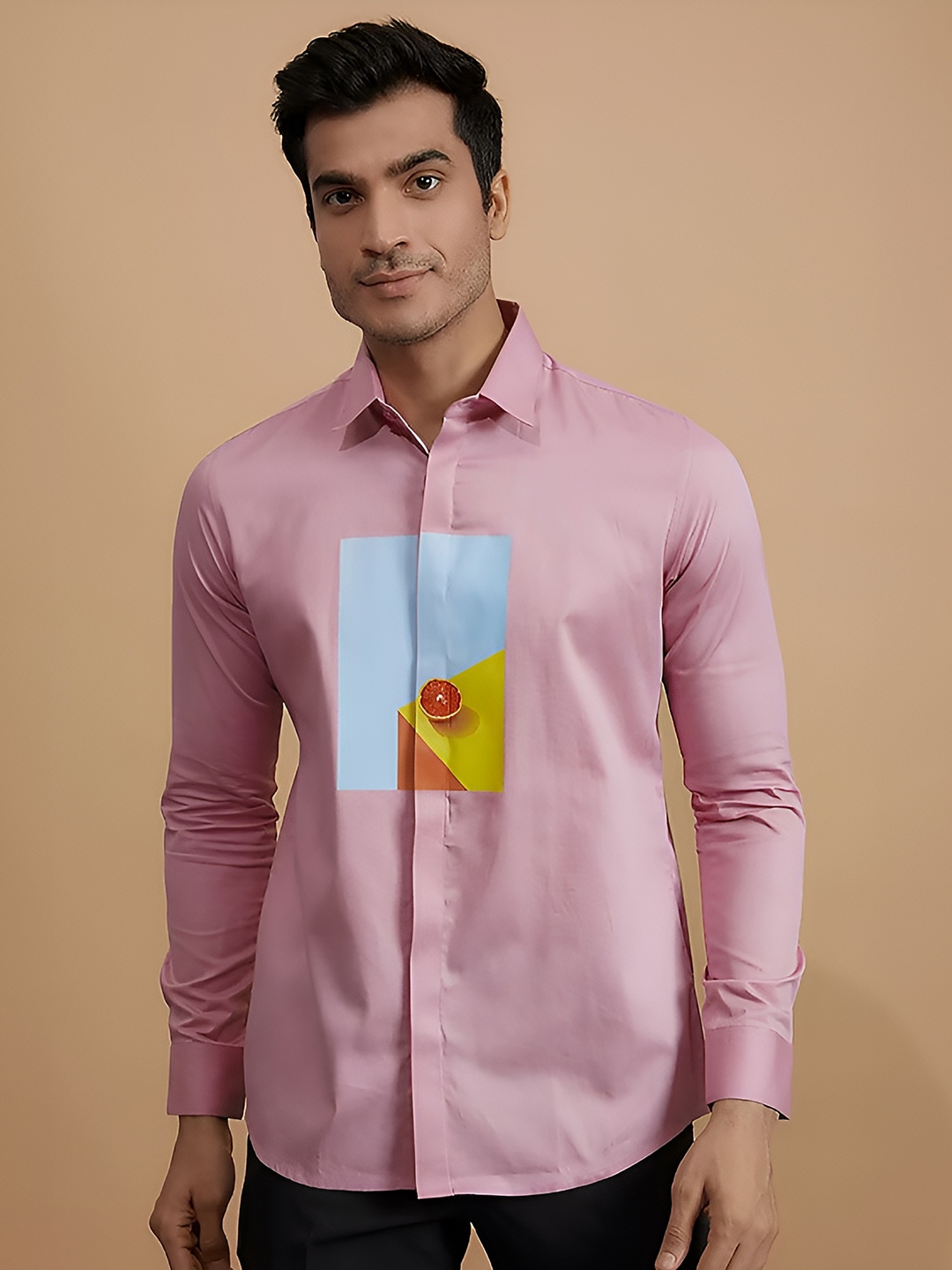 

HE SPOKE Modern Tailored Fit Graphic Printed Cotton Casual Shirt, Pink